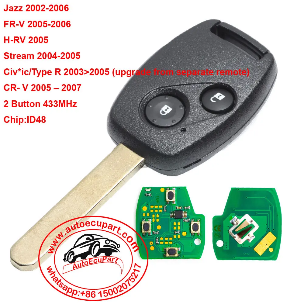 Remote Key Fob 2 Button 433Mhz Id48 Chip For Honda Jazz Civic, Hrv, Frv, Stream Cr-V 2002-2005 Euro 1