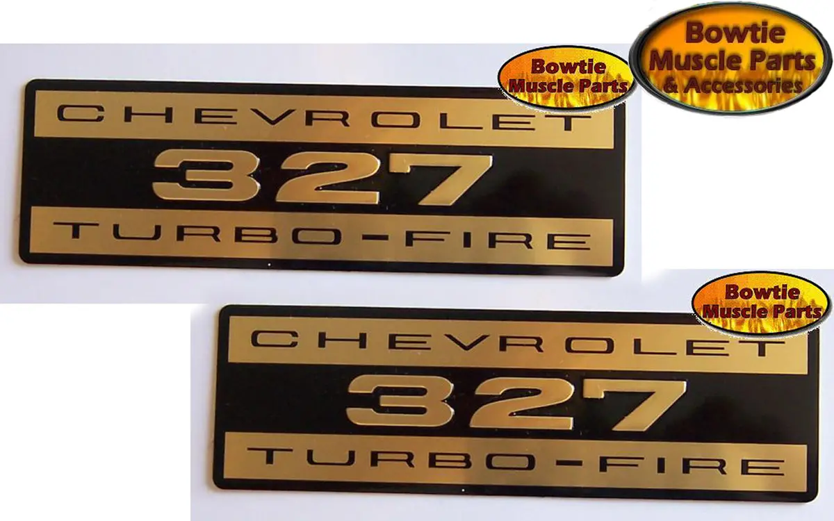 62 63 64 65 Corvette Impala Embossed 327 Aluminum Valve Cover Decal - Pair 1