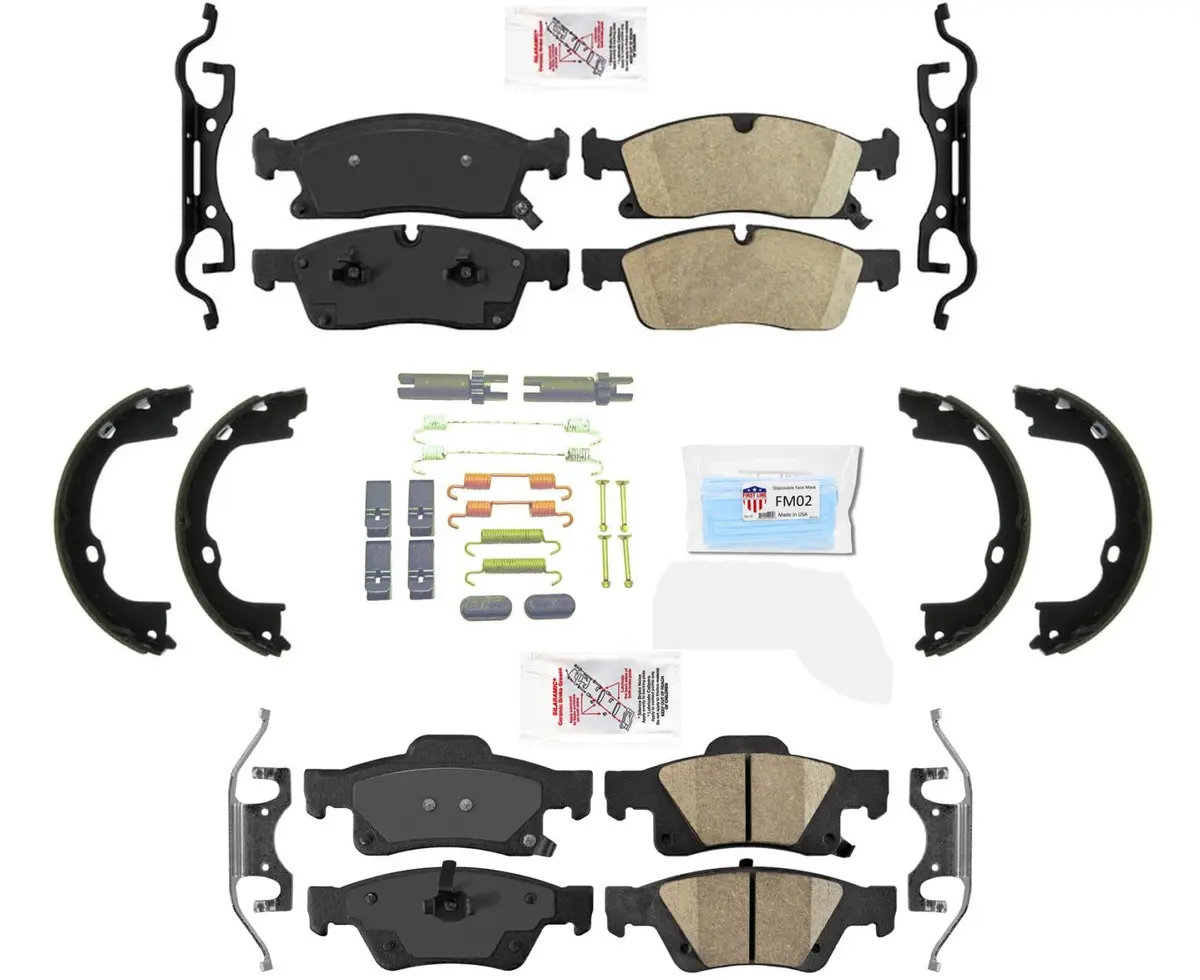 Front & Rear Ceramic Brakes Hardware Parking Shoes For 11-15 Grand Cherokee 5.7L 1