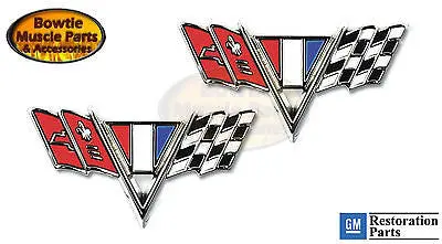 65 66 67 Impala Camaro Chevelle Nova Fender V Flag Emblem Small Block - Pair 1