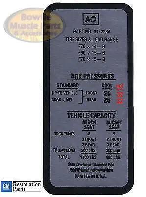 69 70 Impala Chevelle Camaro Tire Pressure Decal F70 X 14  F70 X 15 3972284 Ao 1
