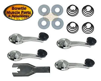 66 67 Chevelle Camaro Firebird Window Crank Cranks Handle Kit - Black Knob 1