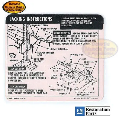67 68 Camaro Convertible Spare Tire Jack Jacking Instructions Trunk Decal 1