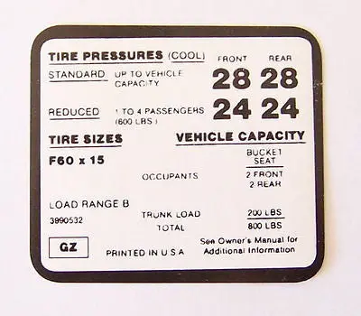 71 72 73 Camaro Z28 Tire Pressure Decal 3990532 Gz 1