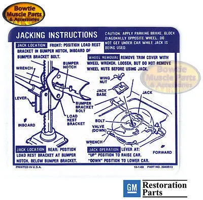 69 Camaro Convertible Spare Tire Jack Jacking Instructions Trunk Decal 3949513 1
