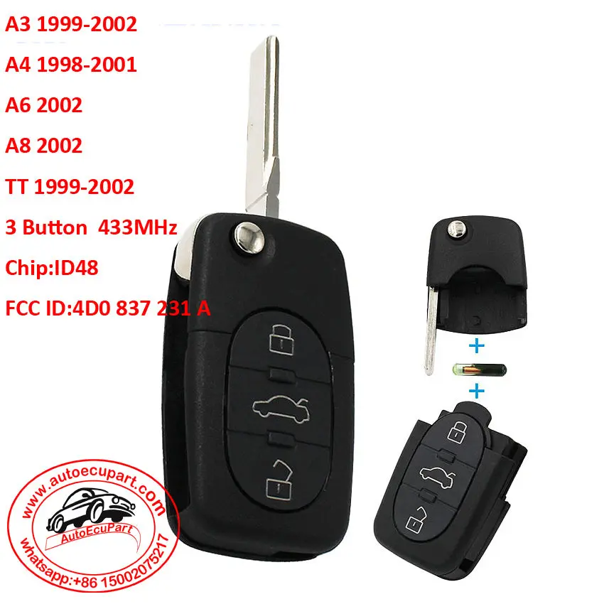 3 Button Folding Keyless Remote Key Fob For Audi A3 A4 A6 Old Models 433Mhz With Id48 Chip 4D0 837 231 A 1