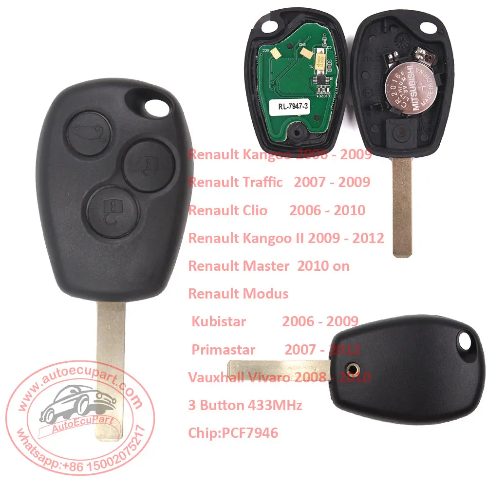 Replacement Remote Key Fob For Renault Kangoo Master,3 Button,433Mhz,Pcf7946 1