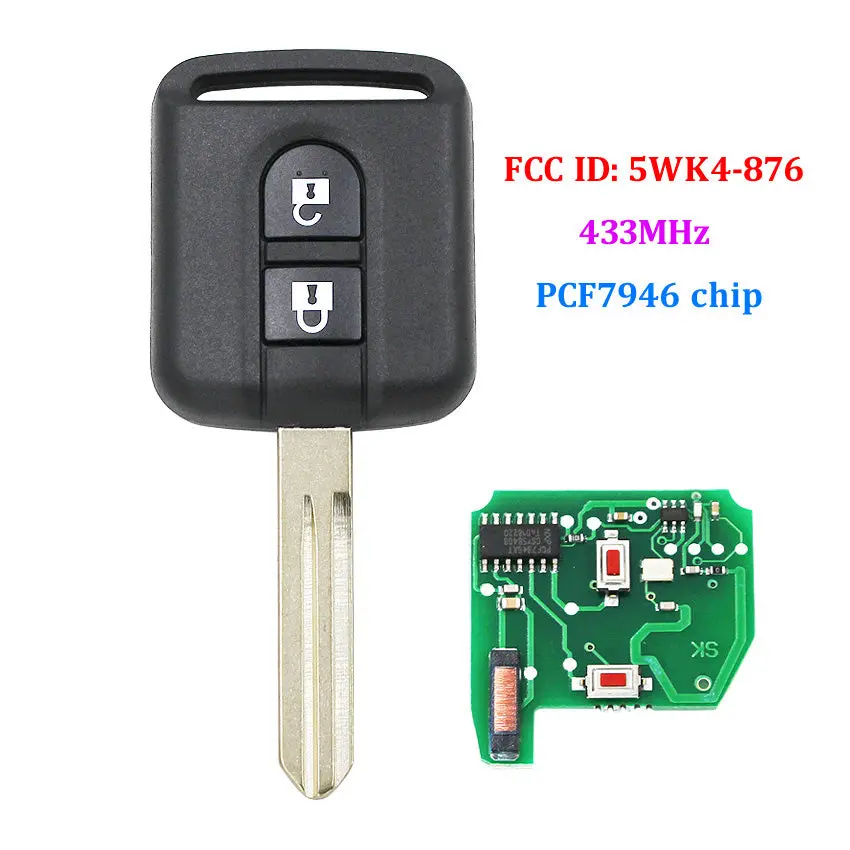 5Wk4-876 5Wk4876 Remote Key Fob 433Mhz Id46 Pcf7946 Chip For Nissan Micra Navara Qashqai 2 Button 1