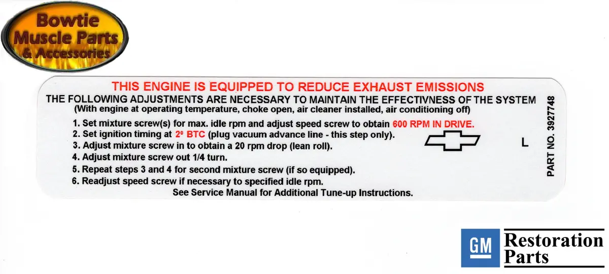 68 Emissions Tune-Up Decal 1968 Camaro Chevelle Nova Impala 307 327 3927748 1