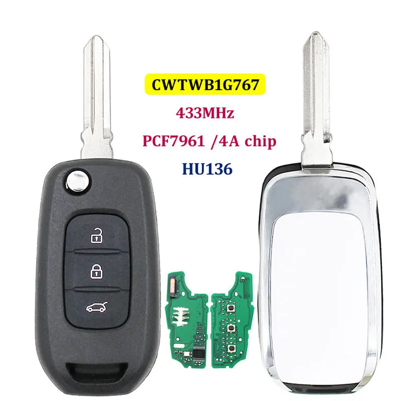 Cwtwb1g767 Hu136te Pcf7961 4A 433Mhz 3 Button Flip Remote Key For Renault Kadjar Captur Megane 3 Symbol 1