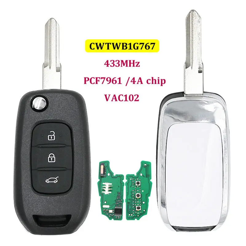 Cwtwb1g767 Vac102 Pcf7961 4A 433Mhz 3 Button Flip Remote Car Key For Renault Kadjar Captur Symbol Megane3 Dacia Duster 1