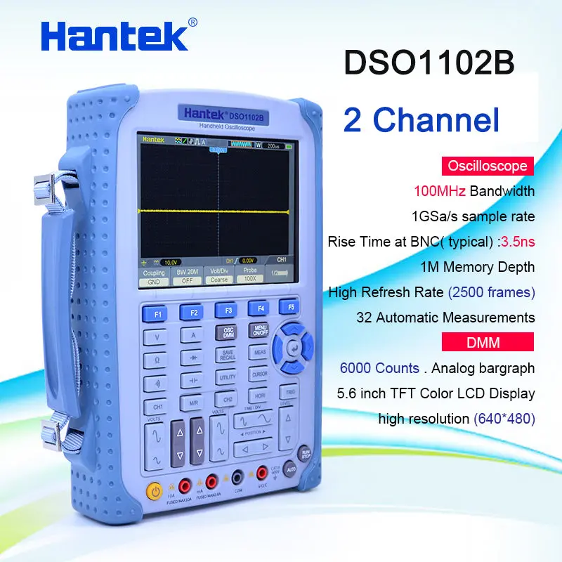 Hantek Dso1102b Portable Handheld Digital Oscilloscope Multimeter 100Mhz 2 Channel 1