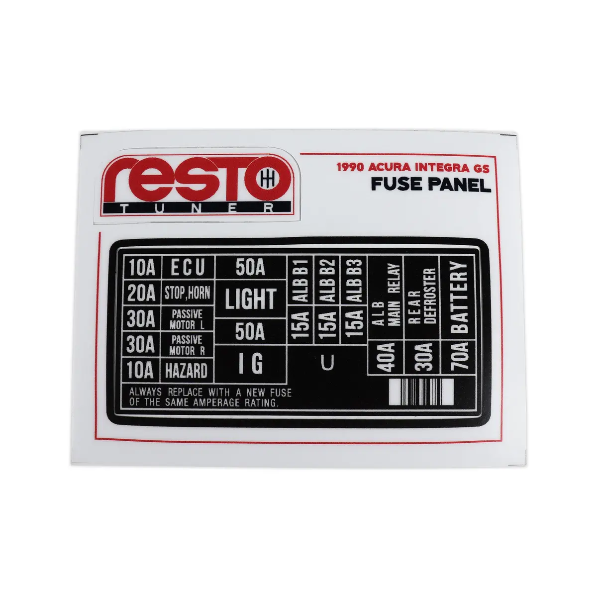 Restotuner 1990-93 Integra Engine Fuse Replacement Decal 1