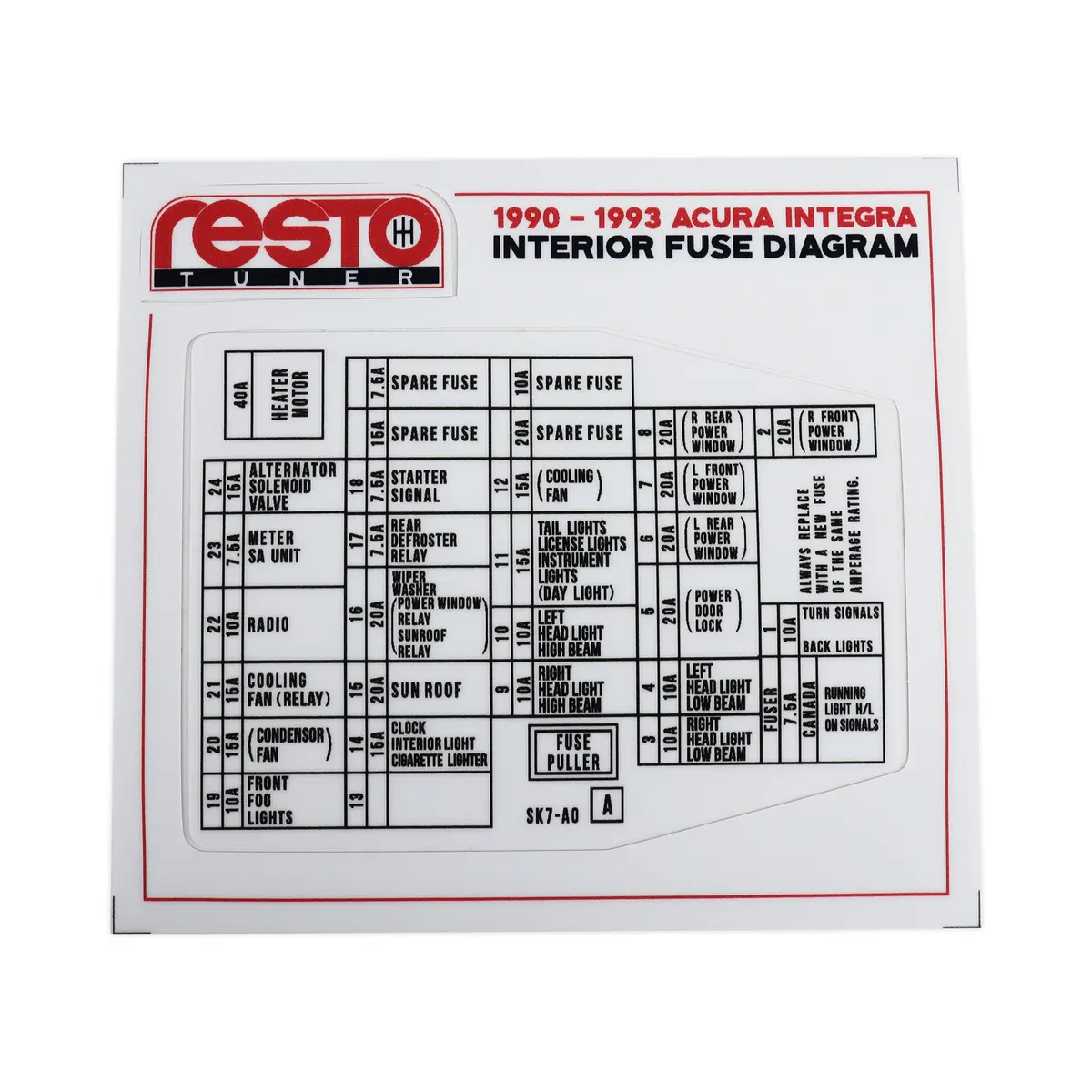 Restotuner 1990-1993 Integra Interior Fuse Replacement Decal 1