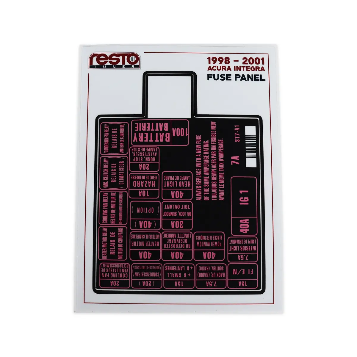 Restotuner 1998 - 2001 Integra Engine Fuse Replacement Decal 1