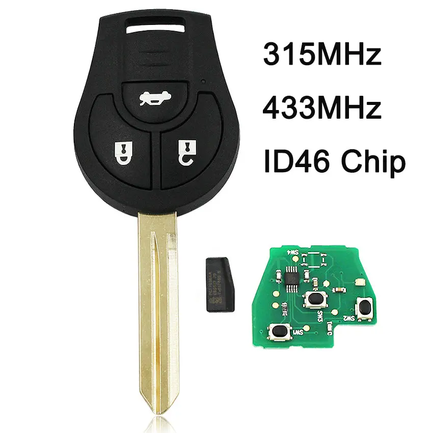 Remote Key Fob 433Mhz/ 315Mhz Id46 Chip For Nissan Micra X-Trail Terrano 3 Button 1