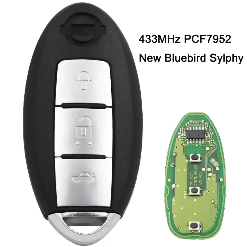 Smart Remote Key Fob 433Mhz Id46 Pcf7952 Chip For Nissan New Bluebird Sylphy 3 Button 1