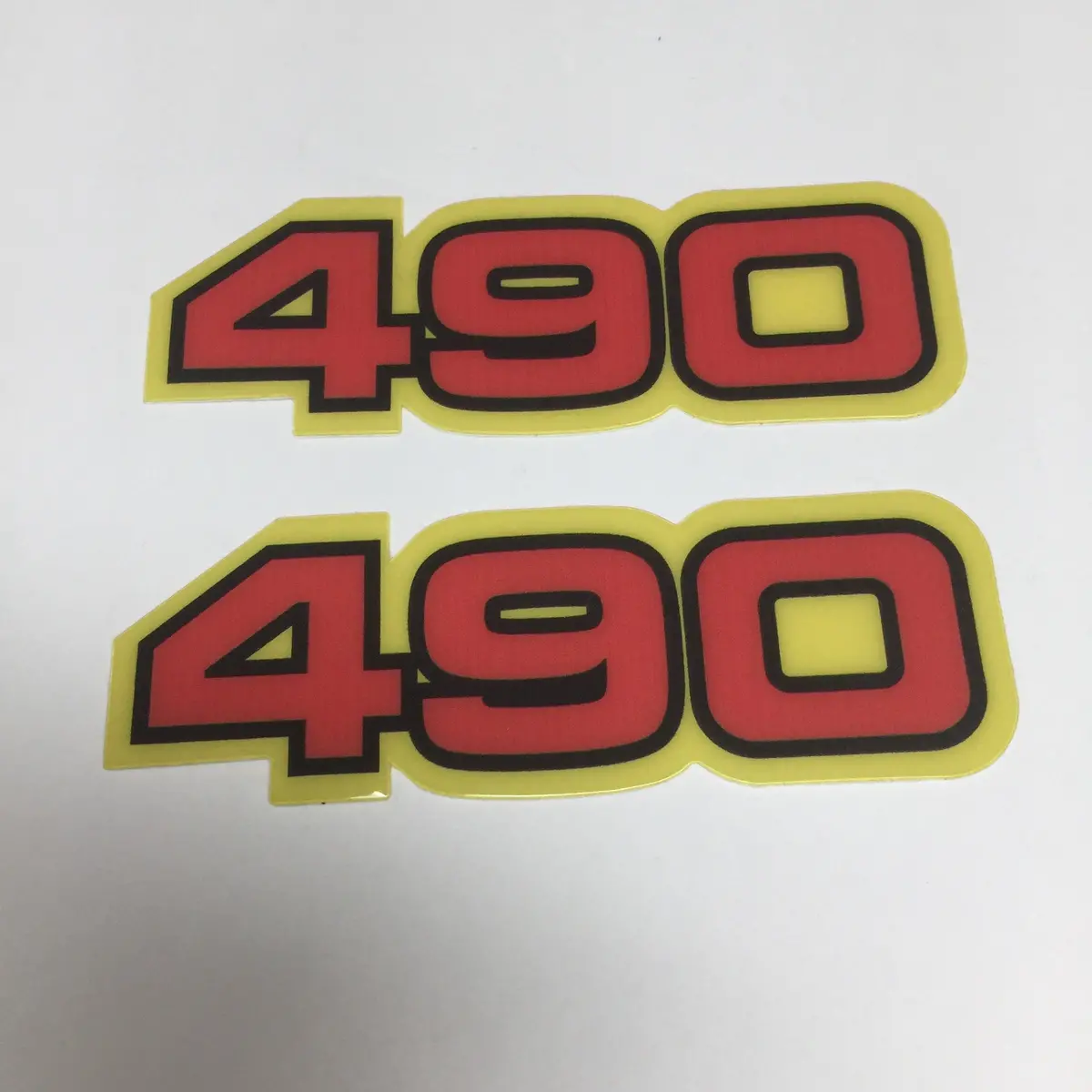 Yamaha, Side Panel Decals, 490, Red With Black And Yellow Outline, Reproduction 1