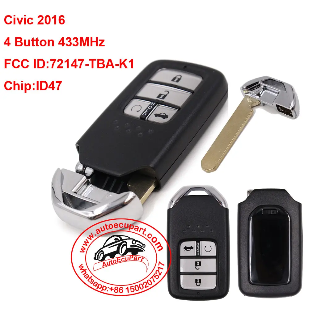 Smart Remote Car Key Fob 4 Button 433Mhz Id47 Chip For Honda Civic 2016 Fcc Id:72147-Tba-K1 1