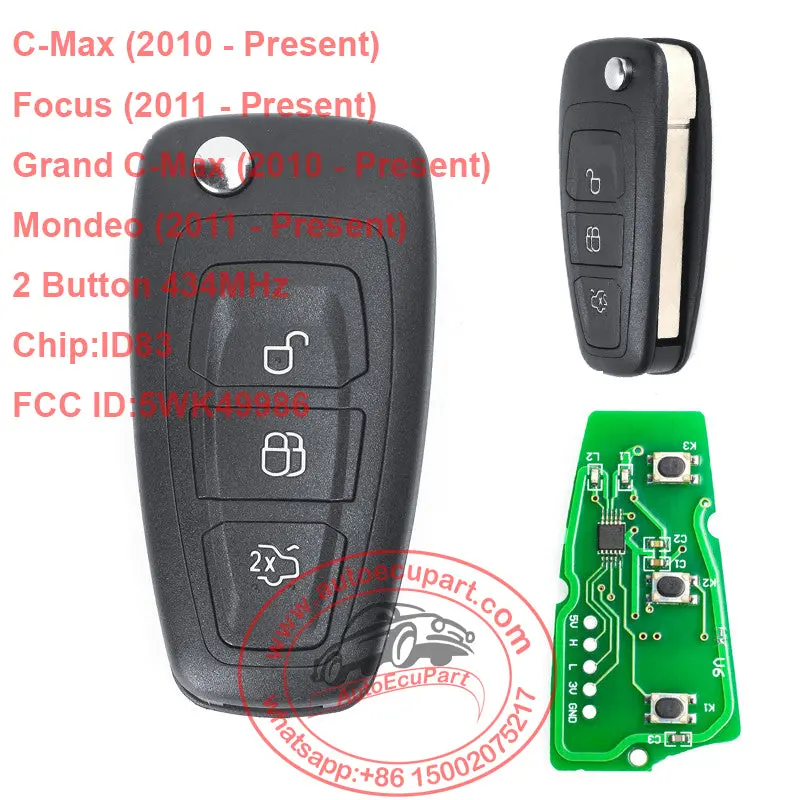 Folding Remote Key 2 Button 434Mhz Id83 Chip For Ford Focus C-Max Mondeo Grand C-Max Uncut Blade Hu101  Fcc Id:5Wk49986 1