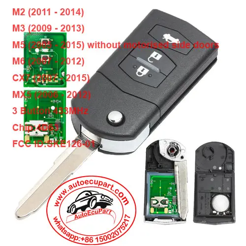Flip Remote Key 3 Button 433Mhz 4D63 Chip For Mazda 2 / 3 / 5 / 6 / Mx5 / Cx7 (Ske126-01) 1