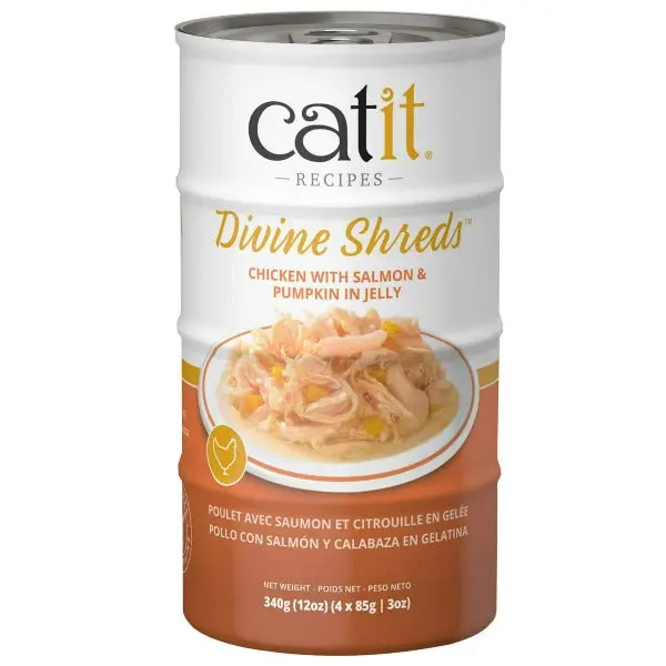 Catit Divine Shreds Chicken With Salmon & Pumpkin In Jelly Canned Cat Food Topper 4-Pack 1