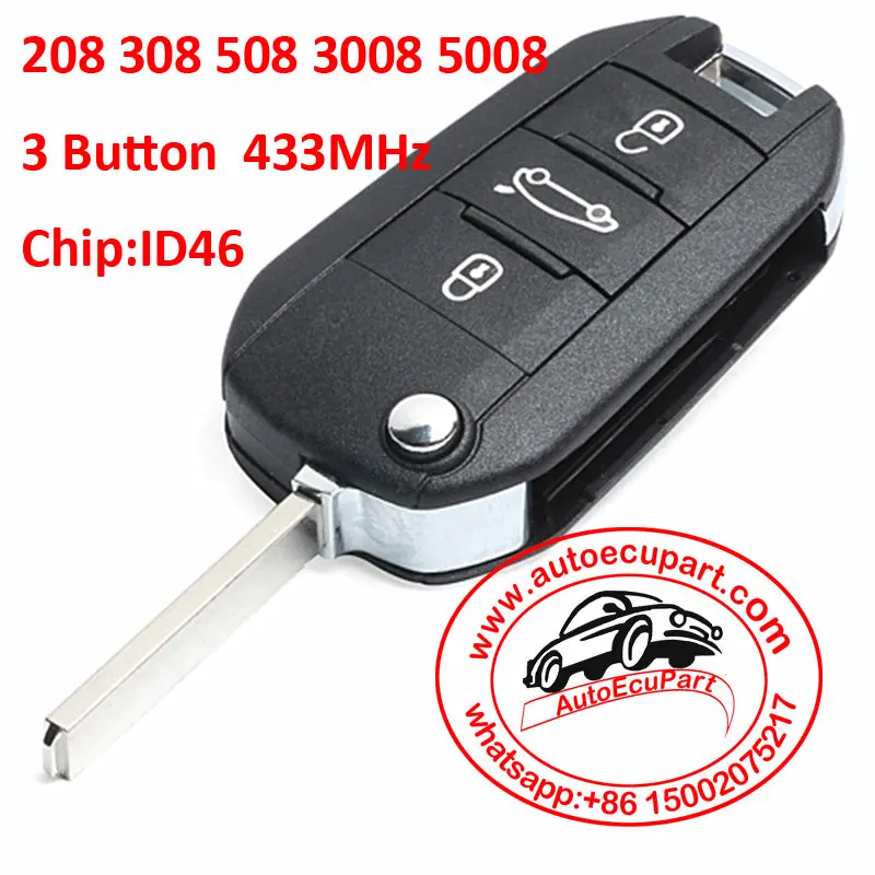 New Remote Key Fob 3 Button 433Mhz With Id46 Chip Inside For Peugeot 208 308 508 3008 5008 Uncut Blade With Groove 1