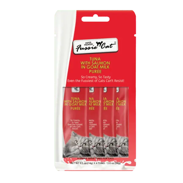 Fussie Cat Tuna With Salmon In Goat Milk Purée Cat Treats 1