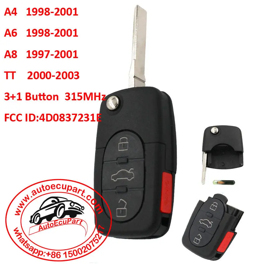 315Mhz 4 Buttons  Remote Key Fob For A4 A6 A8 Tt 4D0 837 231 E 3+1 Button 4D0837231e With Id48 Chip 1