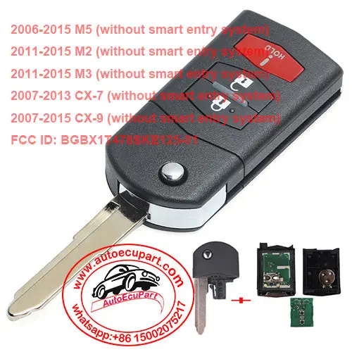 Flip Remote Key 3 Button For Mazda 2 3 5 Cx-7 Cx-9 2007-2015 Fcc Id: Bgbx1t478ske125-01 1