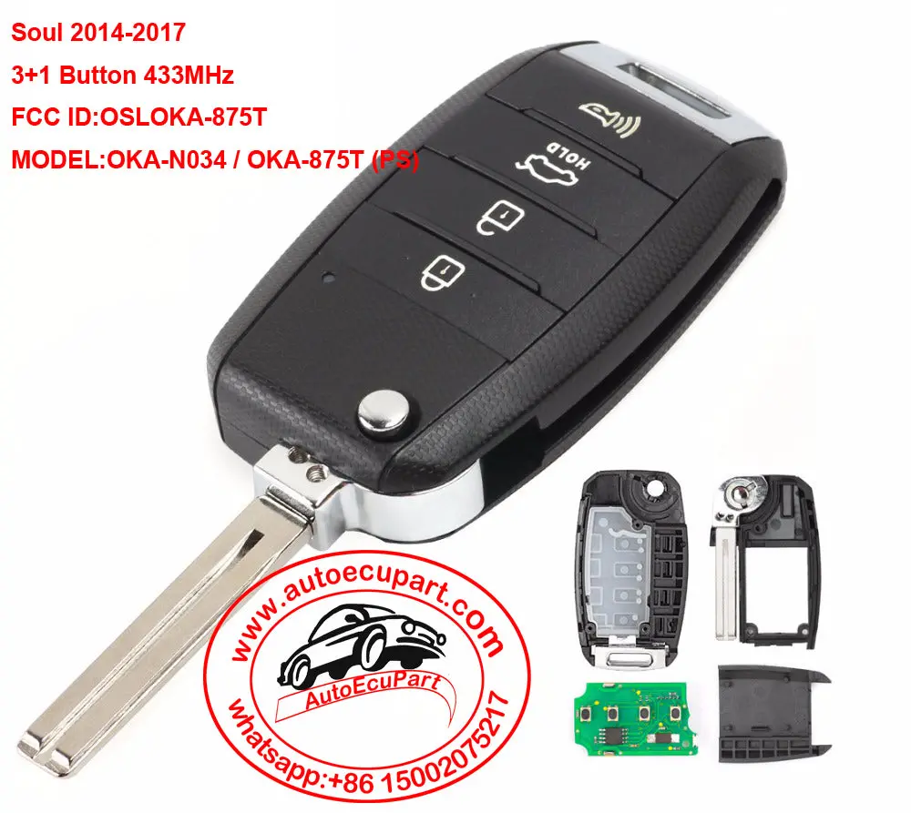 Flip Remote Car Key Fob 3+1 Button For Kia Soul 2014-2017 433Mhz Fcc Id: Osloka-875T 1