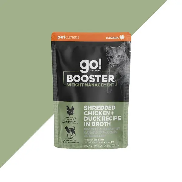 Go! Solutions Booster Weight Management Shredded Chicken + Duck In Bone Broth Wet Cat Food 1