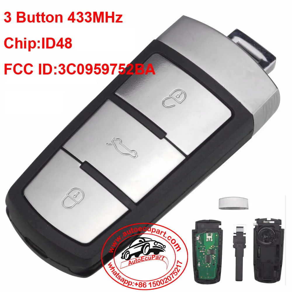 3 Buttons Entry Fob 3C0959752ba Id48 Remote Car Key Shell Case Replacement 433Mhz For Vw Passat Cc 1