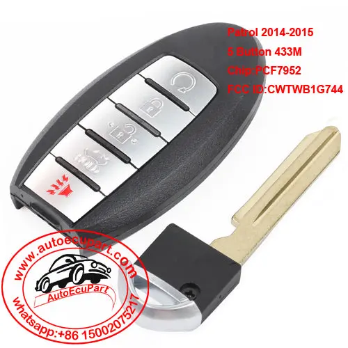 Smart Remote Car Key Fob 5 Button 433.92Mhz Pcf7952 For Nissan Patrol 2014-2015 Fcc Id : Cwtwb1g744 1