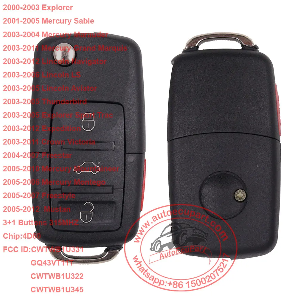 Modified Volkswagen Stylish Folding 3+1 Buttons 315Mhz 4D60 Chip Keyless Remote Key Entry For Lincoln Mercury 1