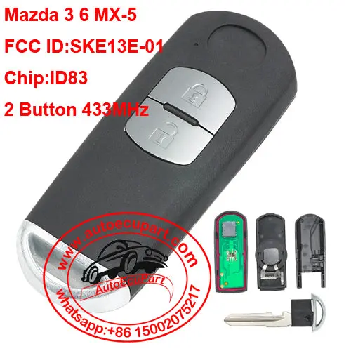 Remote Key Fob 2 Button 433Mhz Id83 Chip For Mazda 3 6 Mx-5 Fcc Id:Ske13e-01 1