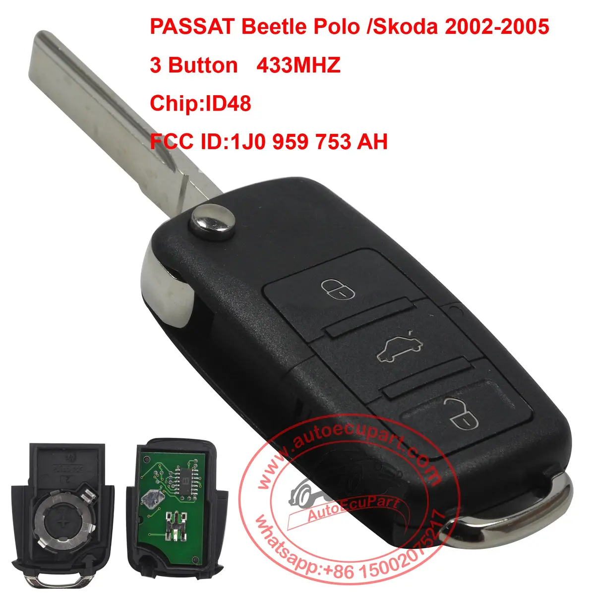 1J0959753ah 434Mhz Id48 Chip 3 Buttons Flip Fold Uncut Remote Key For Vw Passat Beetle Polo /Skoda 2002-2005 Car Remote Key Fob 1
