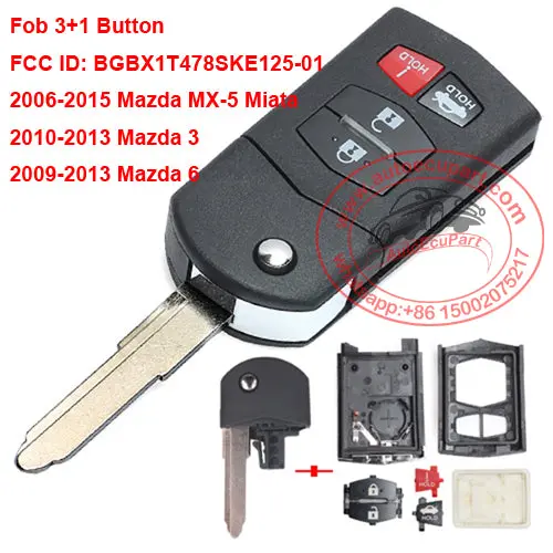 Flip Remote Key Case Shell Fob 4 Button For Mazda 3 6 Mx-5 Miata 2006-2015 1